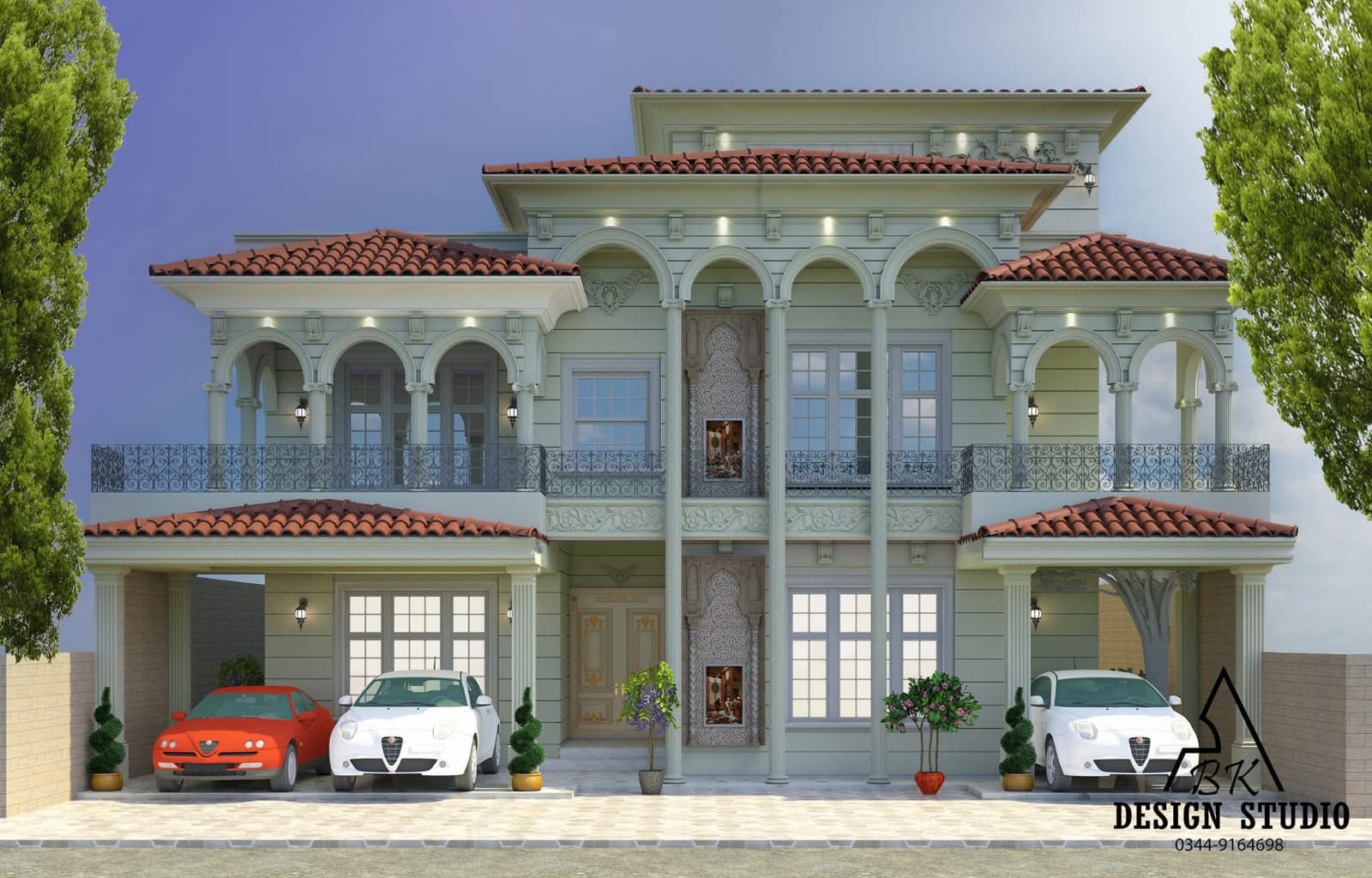 Symmetrical classical house with arcaded balconies, tiled roofs and pale green rendered walls