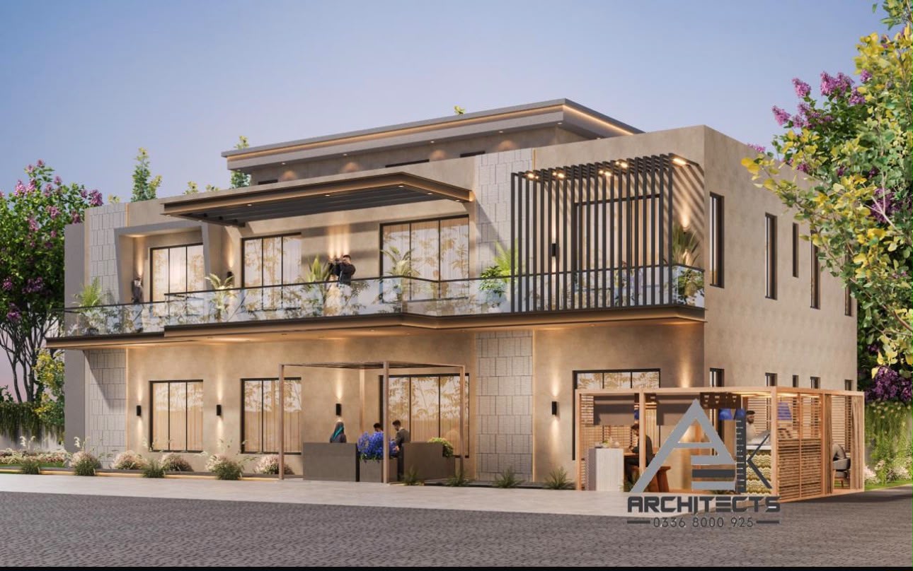 Two-storey house with a long upper balcony, timber pergola screen and a covered seating area