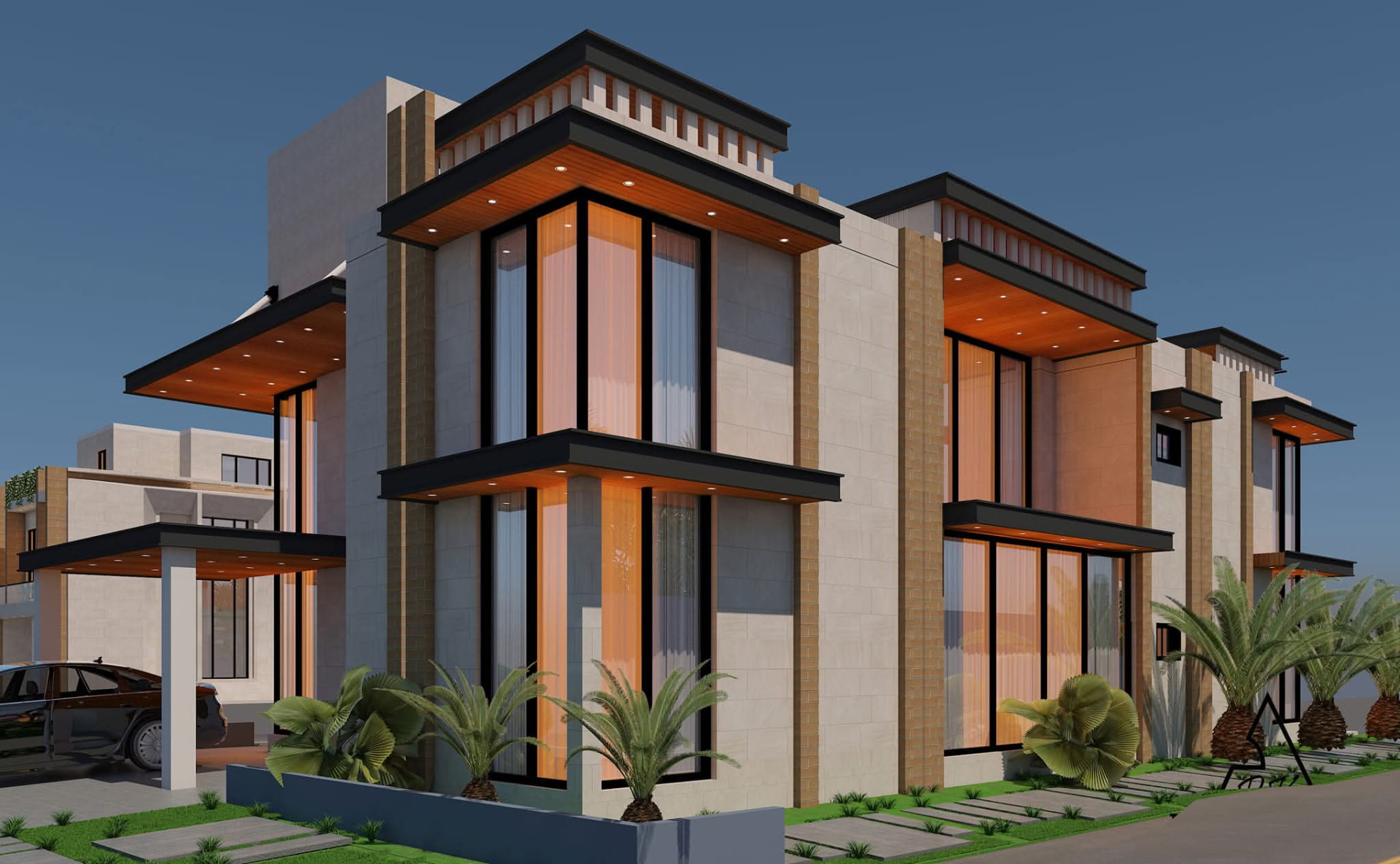 Corner view of a modern house with stone and brick piers, deep window frames and cantilevered canopies