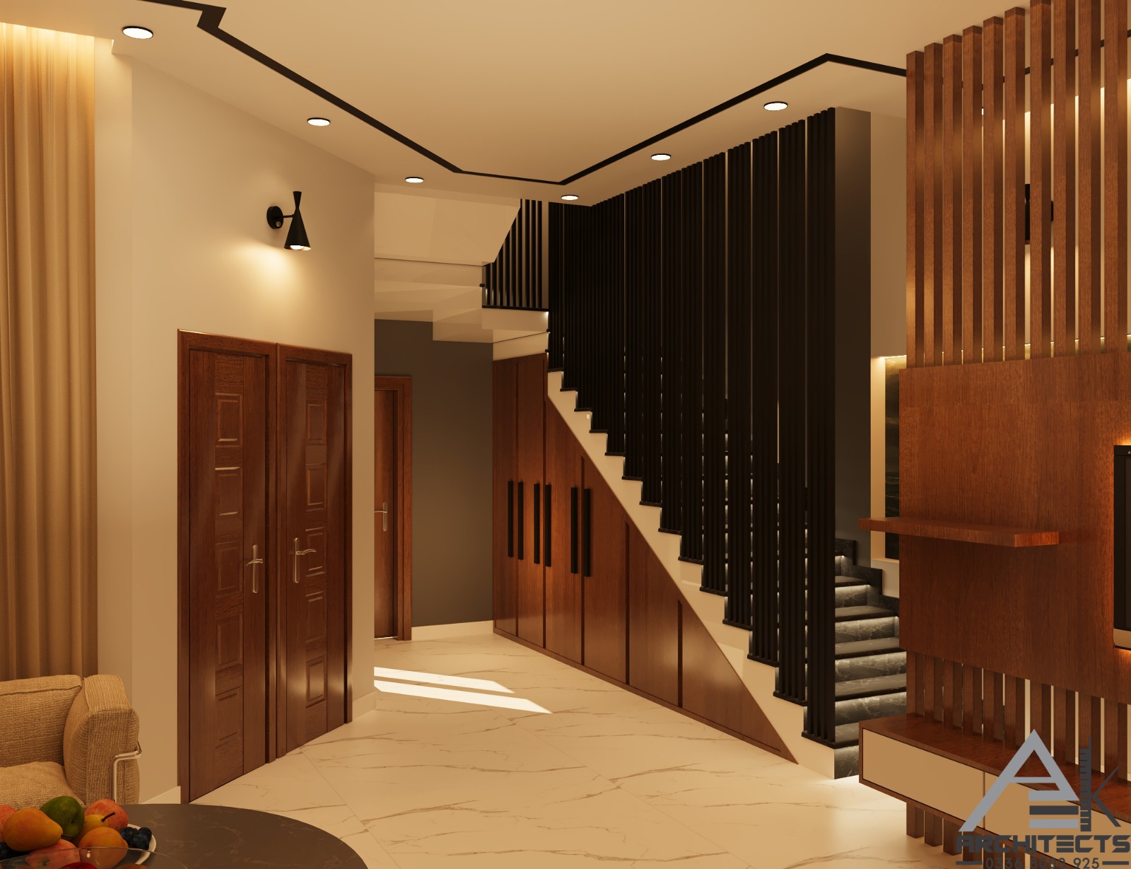 Residential entrance and staircase with timber screens and warm concealed lighting