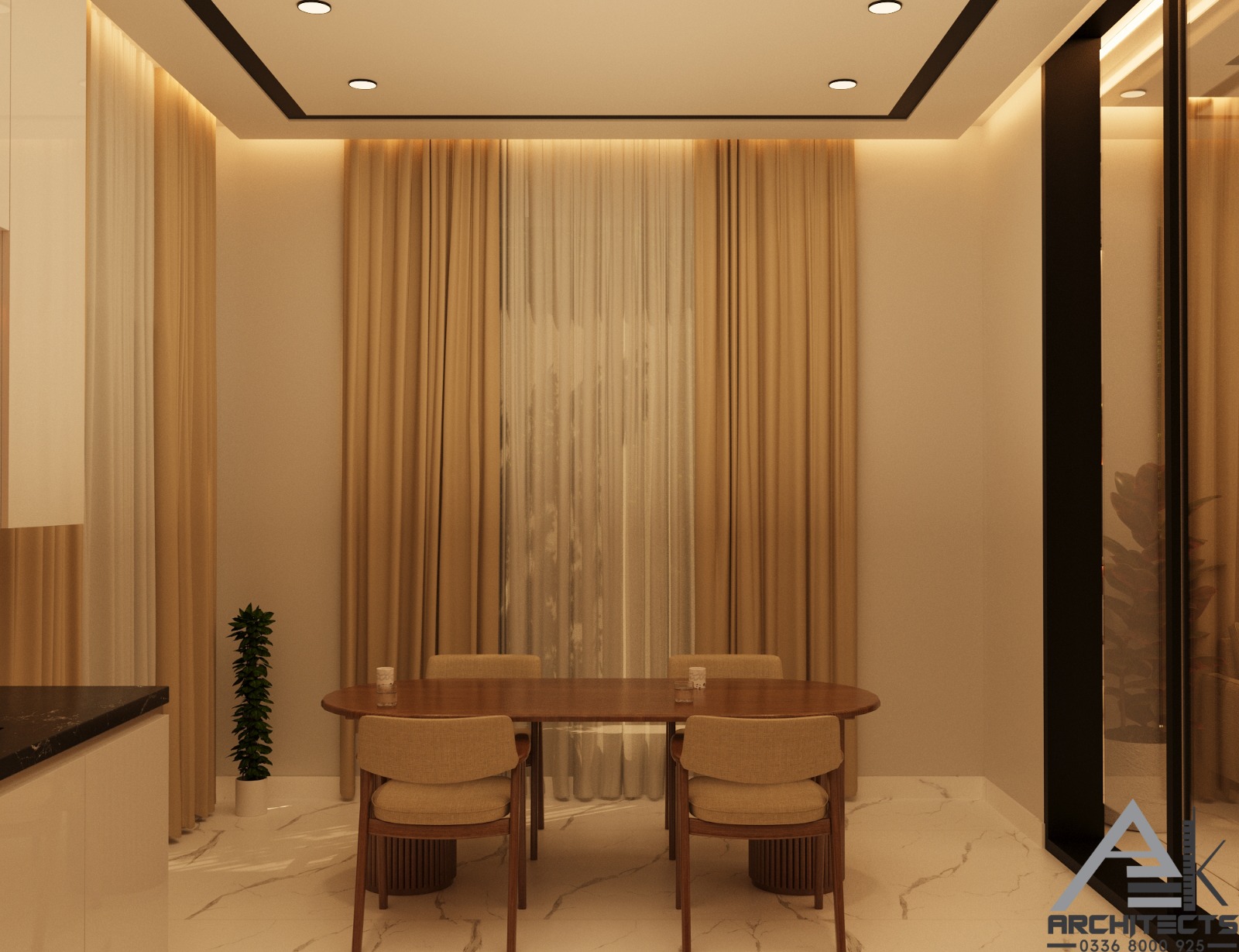 Interior of a warm dining space with full-height curtains, marble floor and a timber oval table
