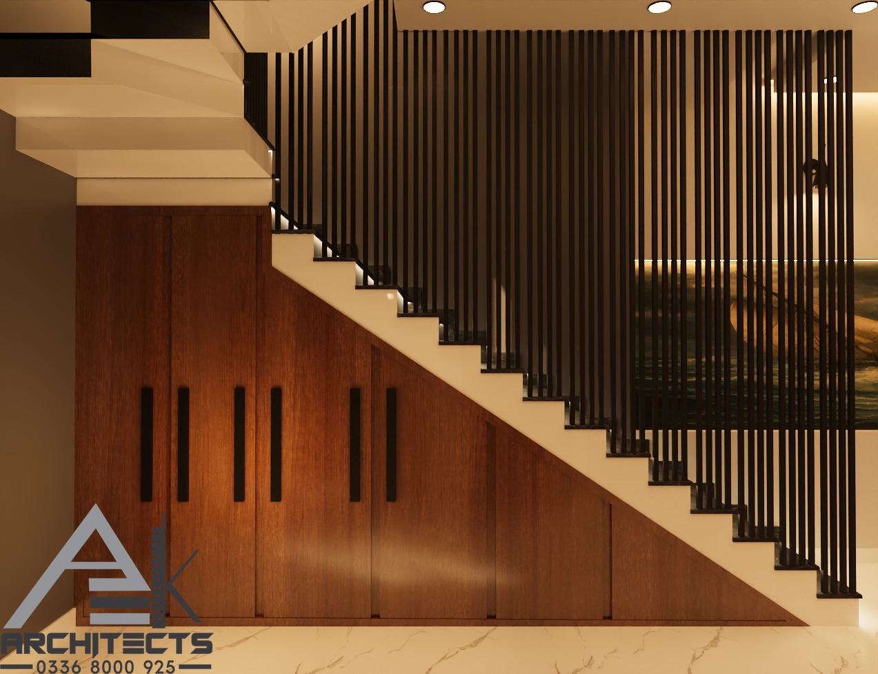 Close view of a residential staircase with vertical timber and dark metal balustrades