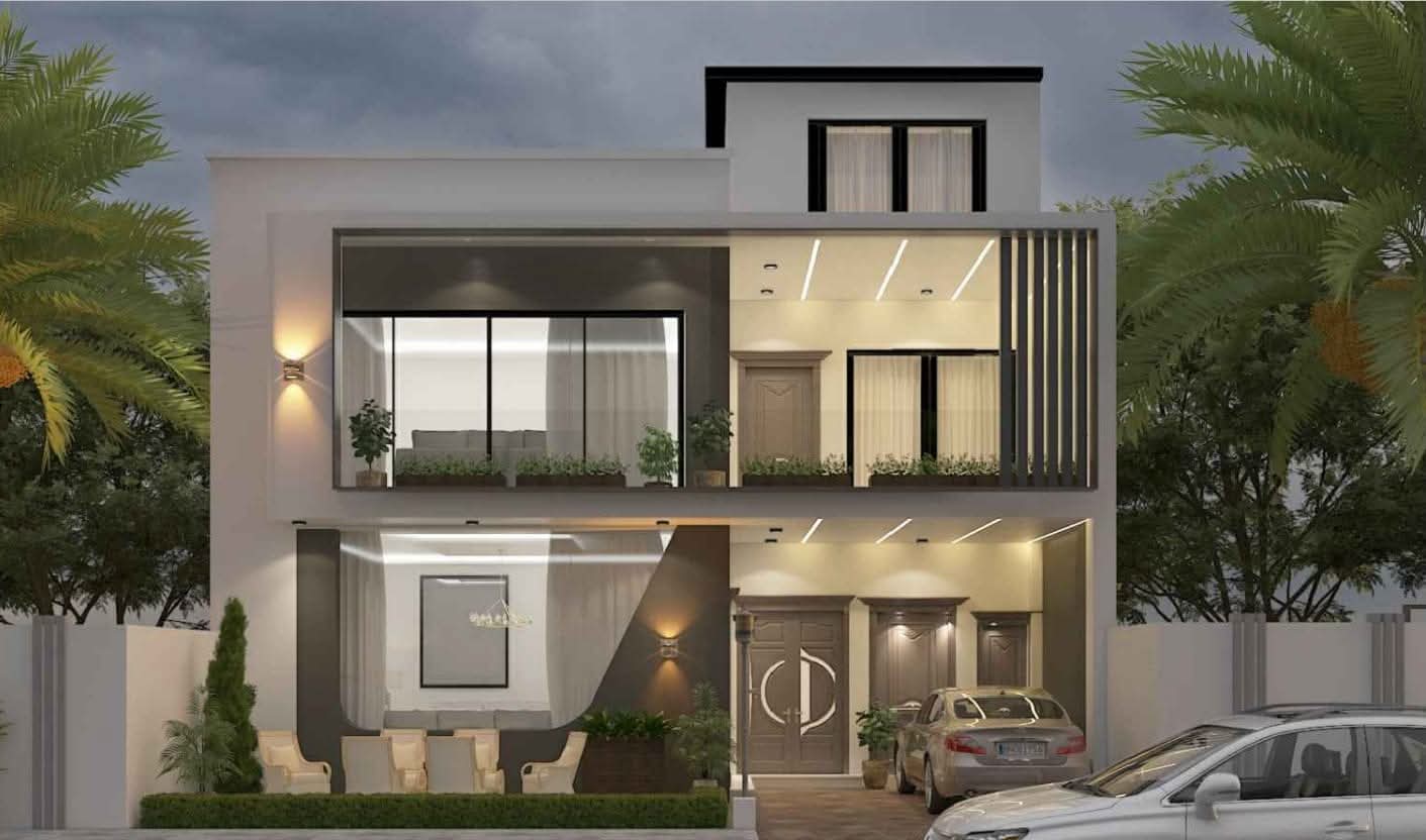 Front elevation of a modern villa with framed balconies, stone panels and a central entrance