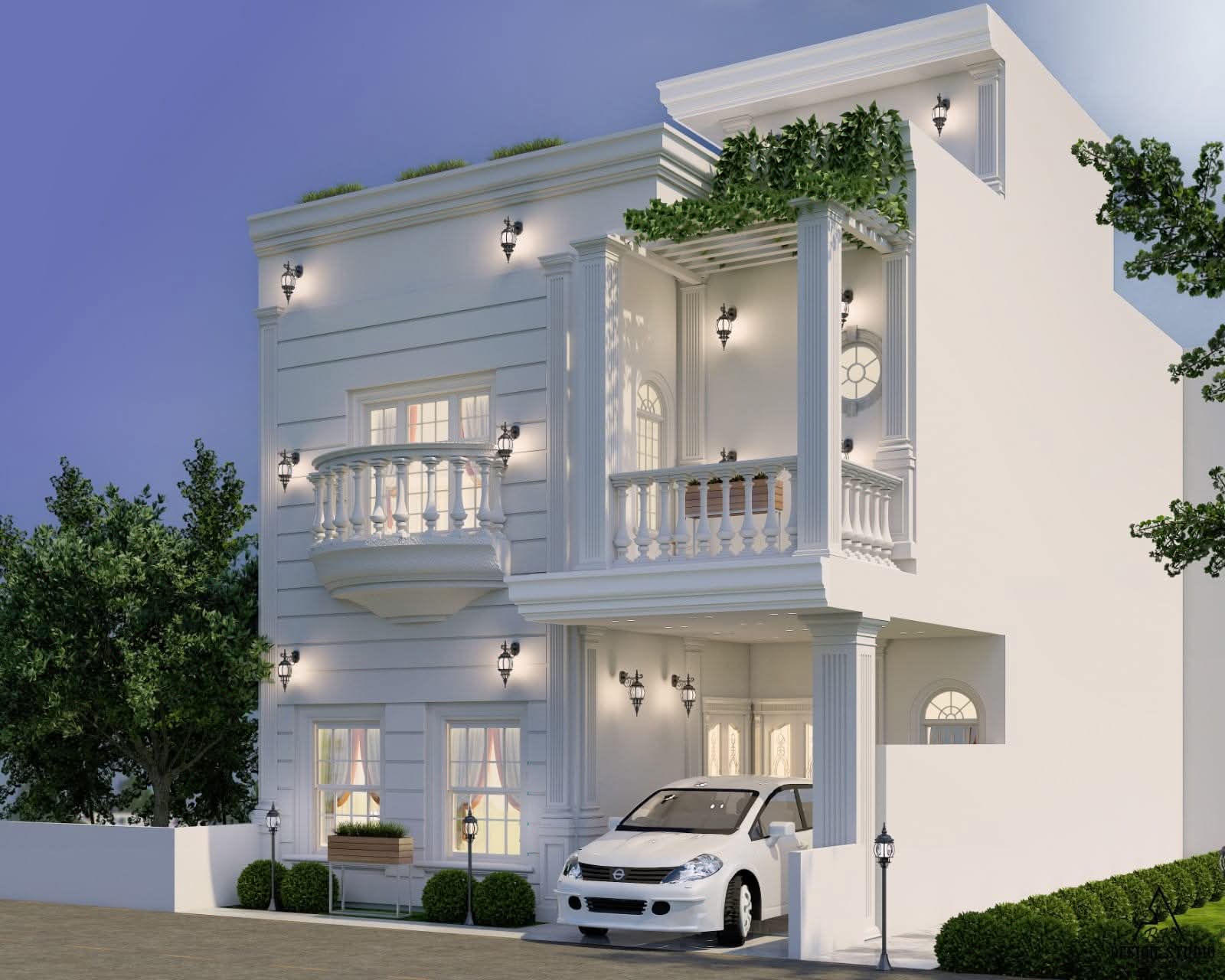 White classical house with balustraded balconies, a curved balcony and a planted roof pergola