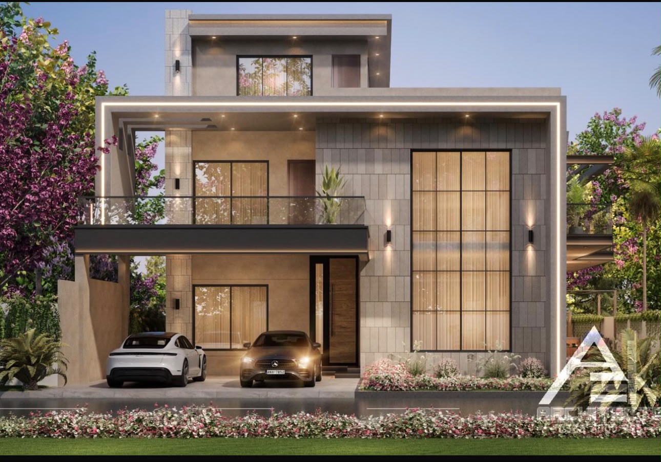 Front elevation of a stone-clad villa with a recessed balcony, tall screened window and cars in the porch