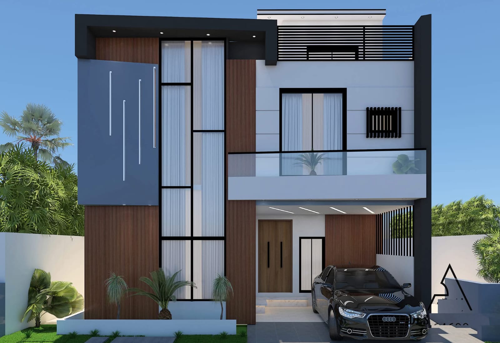 Blue-grey and timber-clad house with a tall glazed stair volume and a projecting balcony
