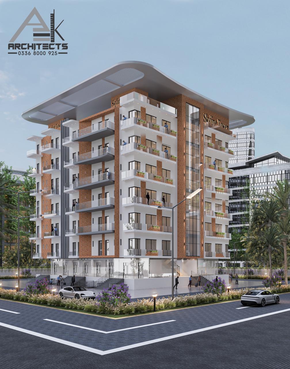Street corner view of Skyline Tower with the glazed circulation core and planted balconies