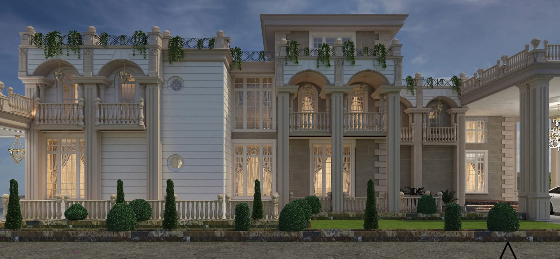 Wide front elevation of a classical mansion with an arched entrance and formal landscaping