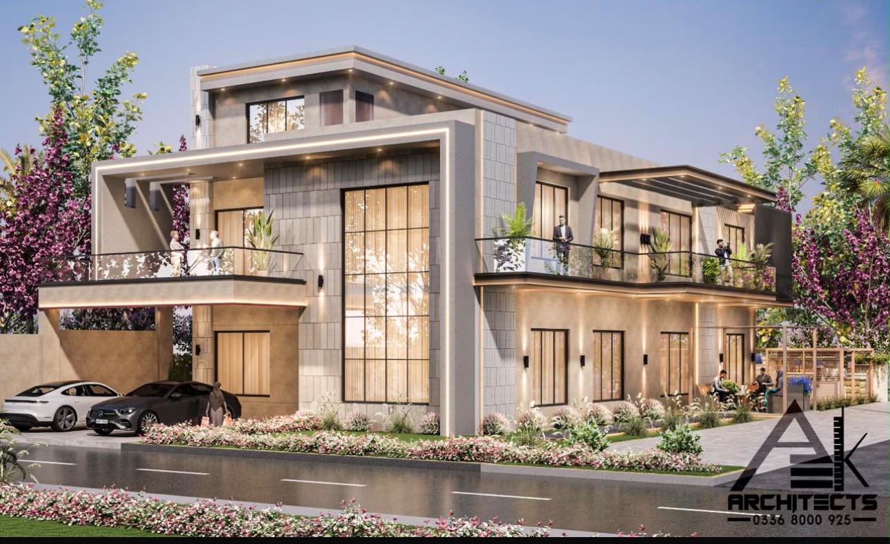 Corner view of the stone-clad villa showing the balcony terraces and planted frontage