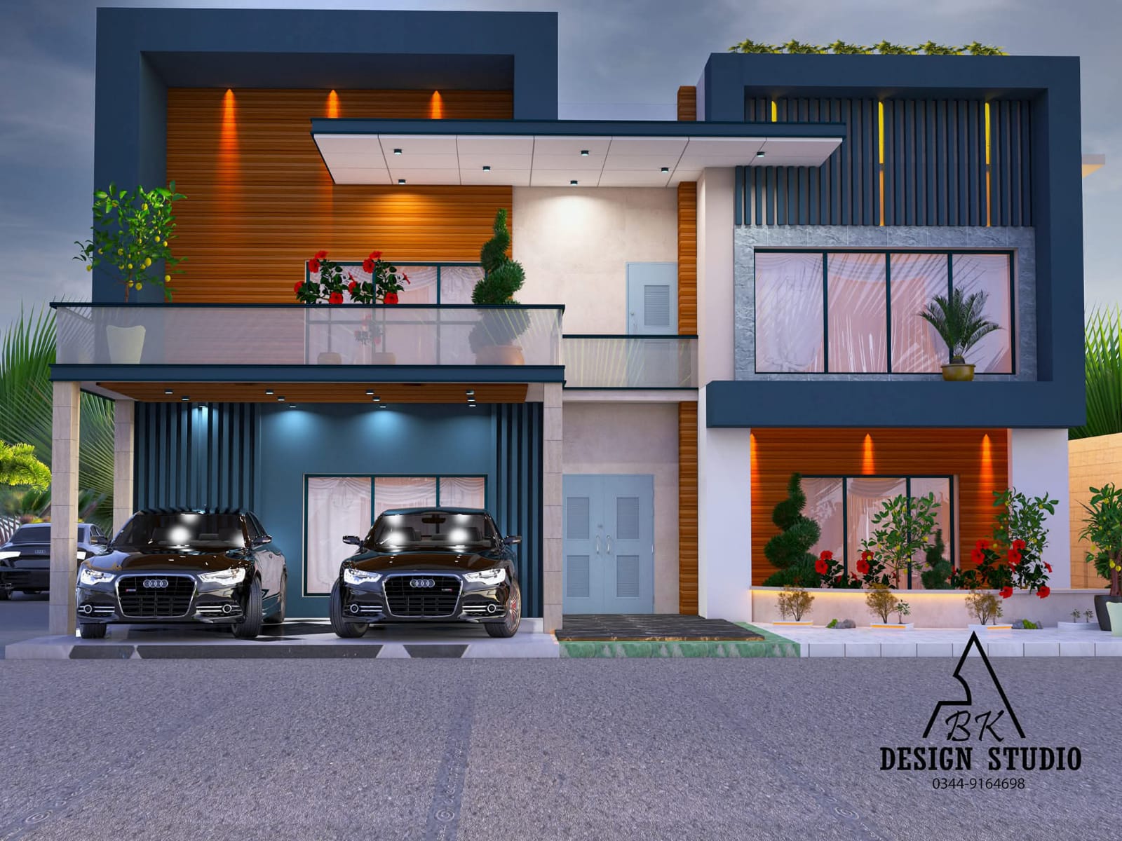 Front elevation of a modern house with navy panels, timber cladding and a covered car porch