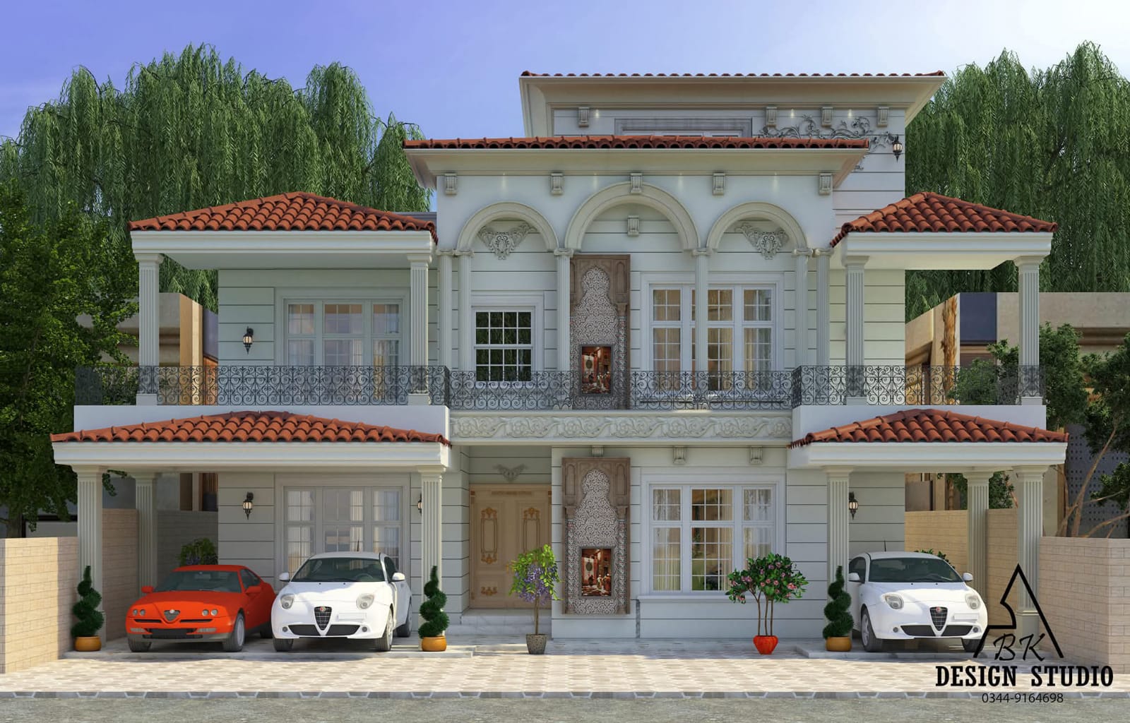 Front elevation of a large classical villa with repeated arches, columns and red tiled roofs