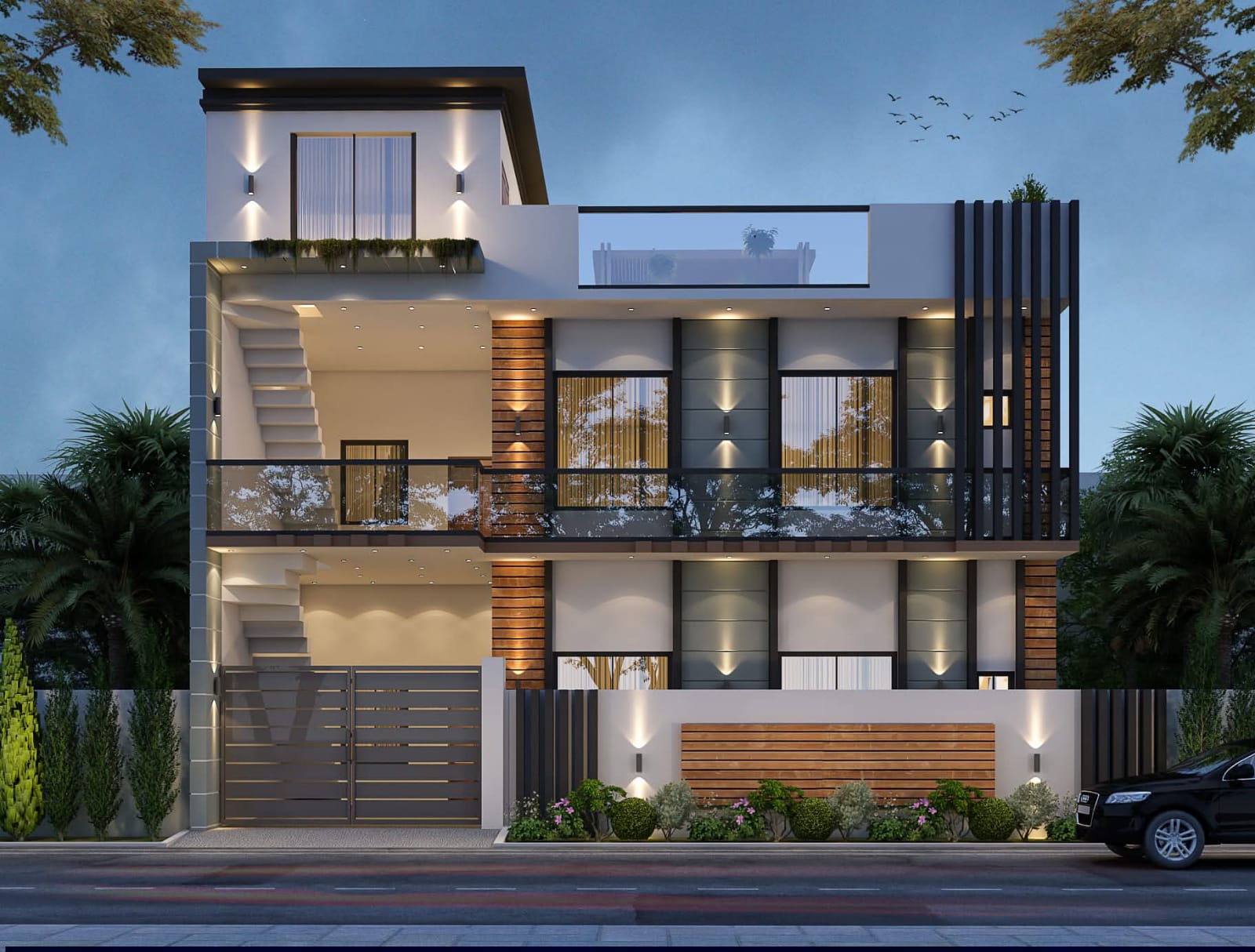 White and charcoal multi-storey residence with stacked balconies, timber accents and facade lighting