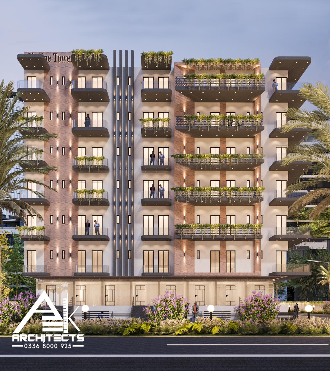 Front elevation of the apartment building at dusk with cascading planting along every balcony