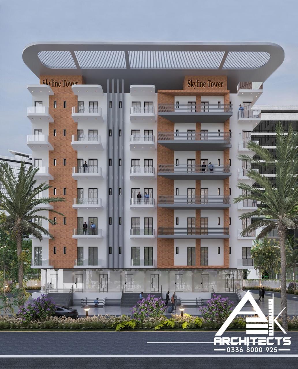 Front view of Skyline Tower showing stacked balconies and the curved roof canopy
