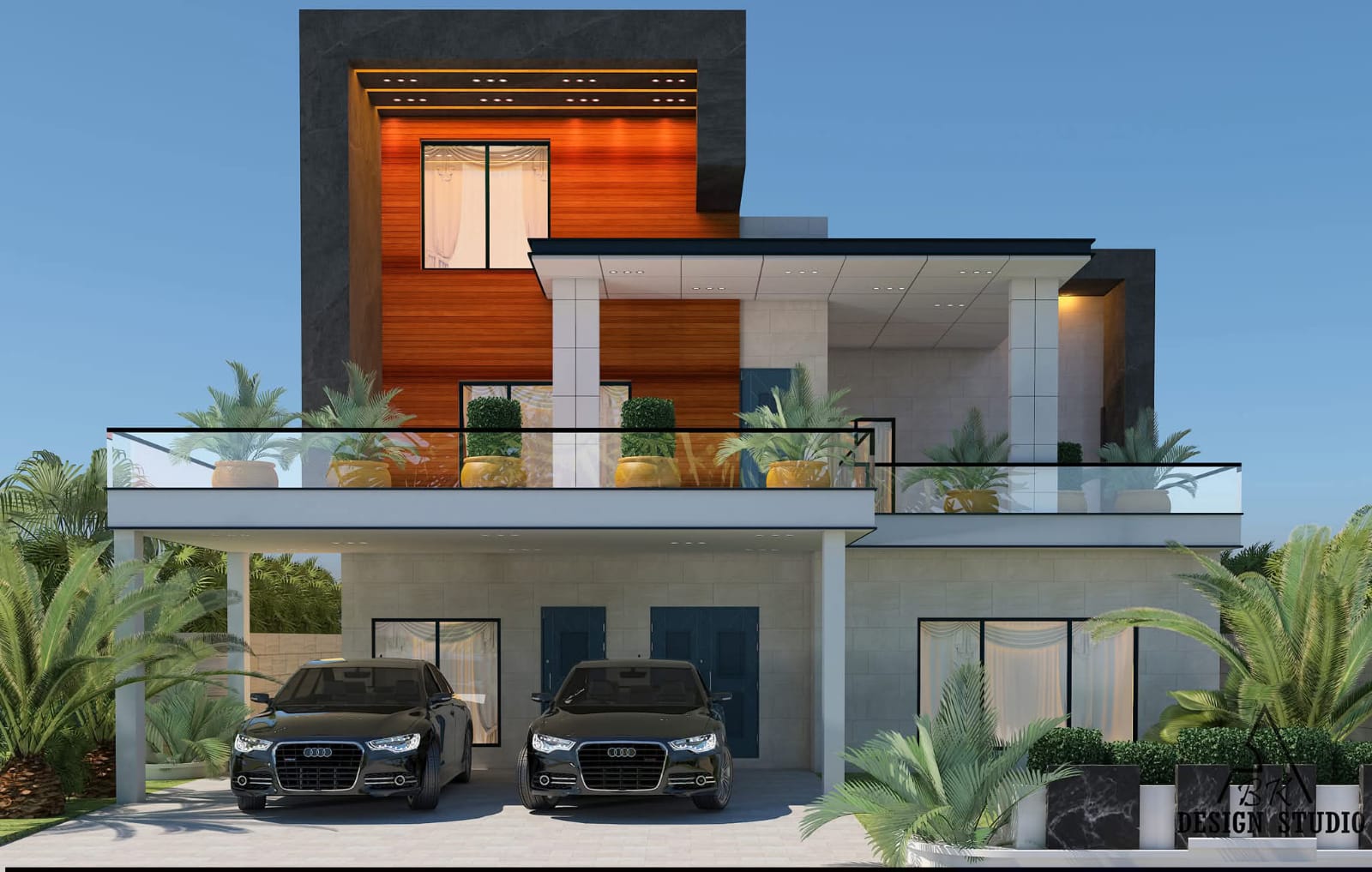 Stone and timber villa with wide terraces, columned porches and planted frontage