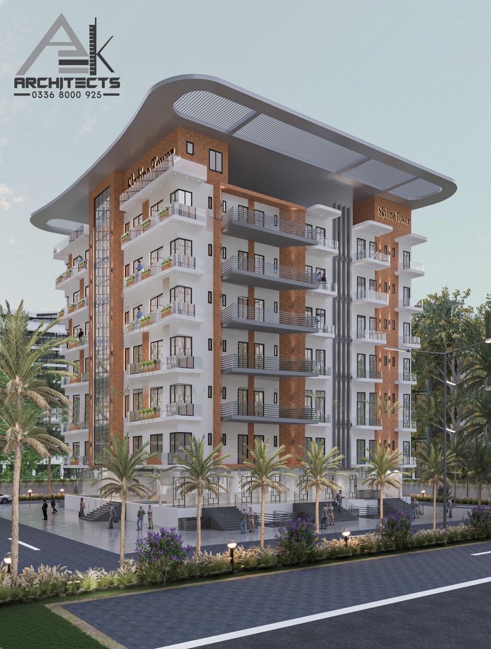 Angled view of Skyline Tower with palms along the frontage and the curved roof canopy