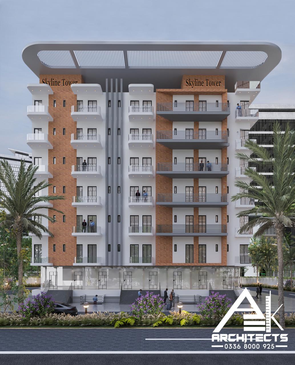 Front elevation of Skyline Tower, a residential apartment building with white balconies and brick panels