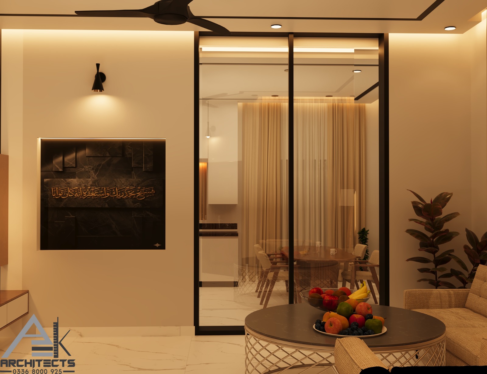 Warm dining area framed by timber screens beside a residential staircase