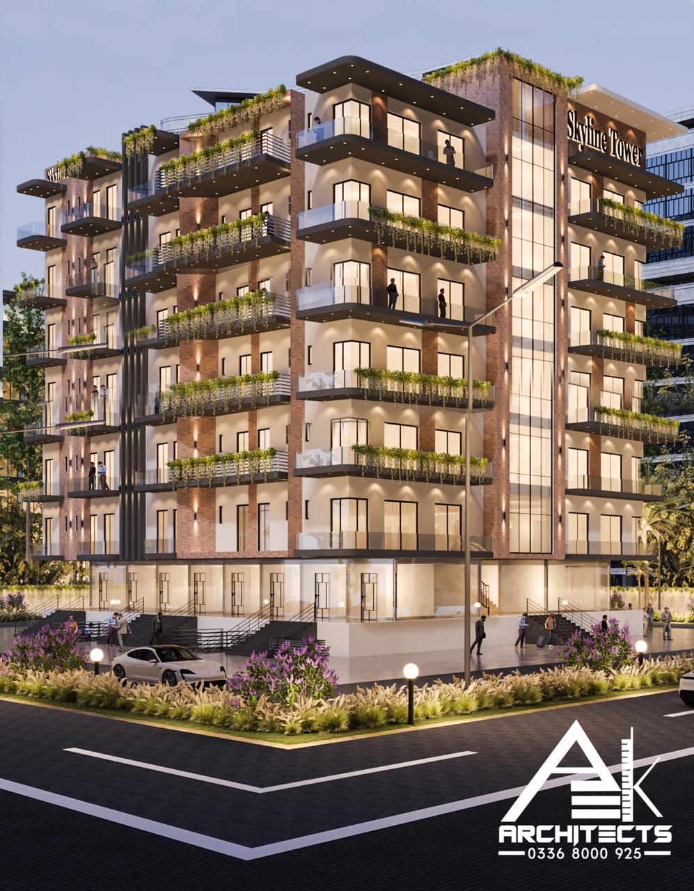 Evening corner view of Skyline Tower with planted balconies and warm facade lighting