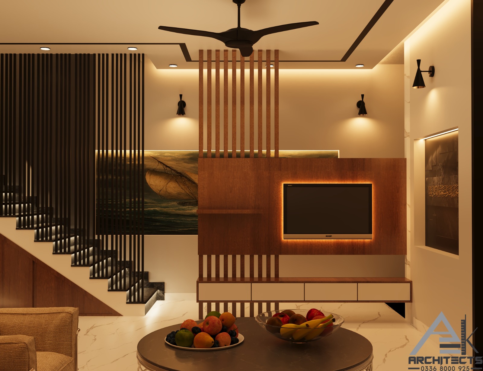 Residential television lounge with timber wall detailing and an open staircase