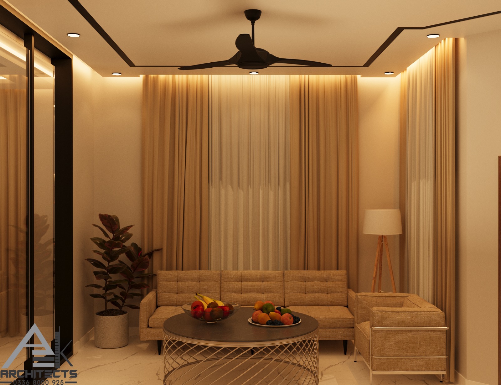 Warm residential lounge with layered ceiling lighting and full-height curtains