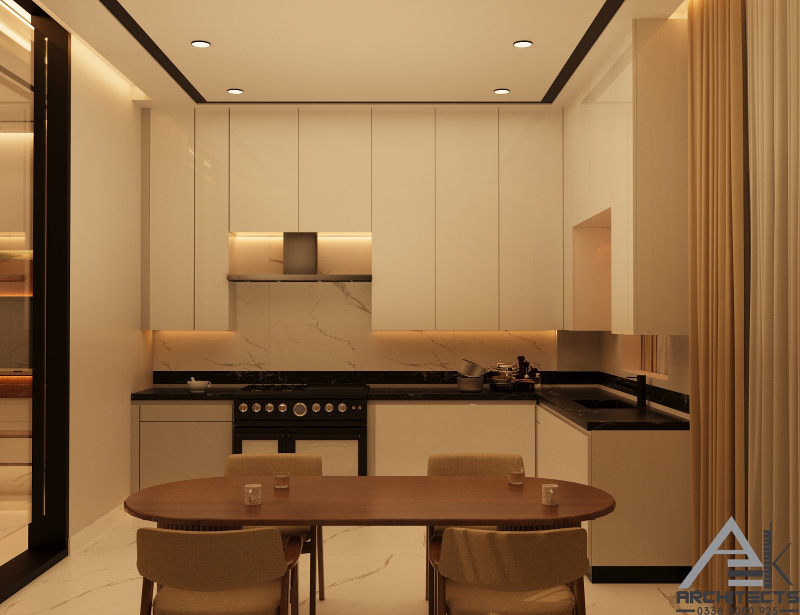 Warm residential kitchen with pale cabinetry, an island and recessed lighting