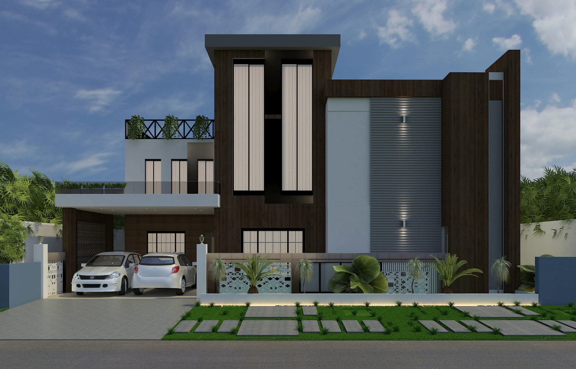 Two-storey house with deep timber cladding, grey facade panels and tall windows facing a lawn
