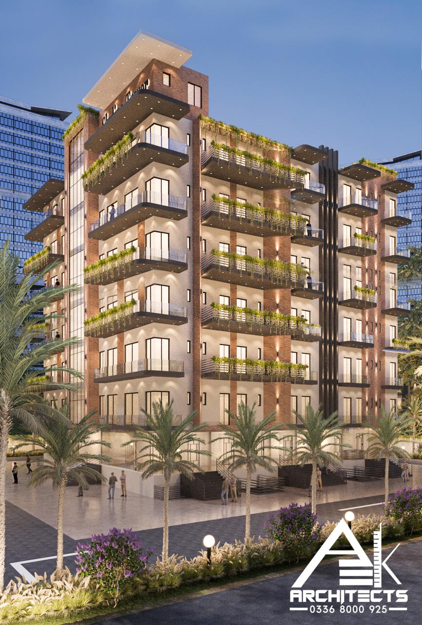 Evening view of a brick apartment building with deep planted balconies and warm facade lighting