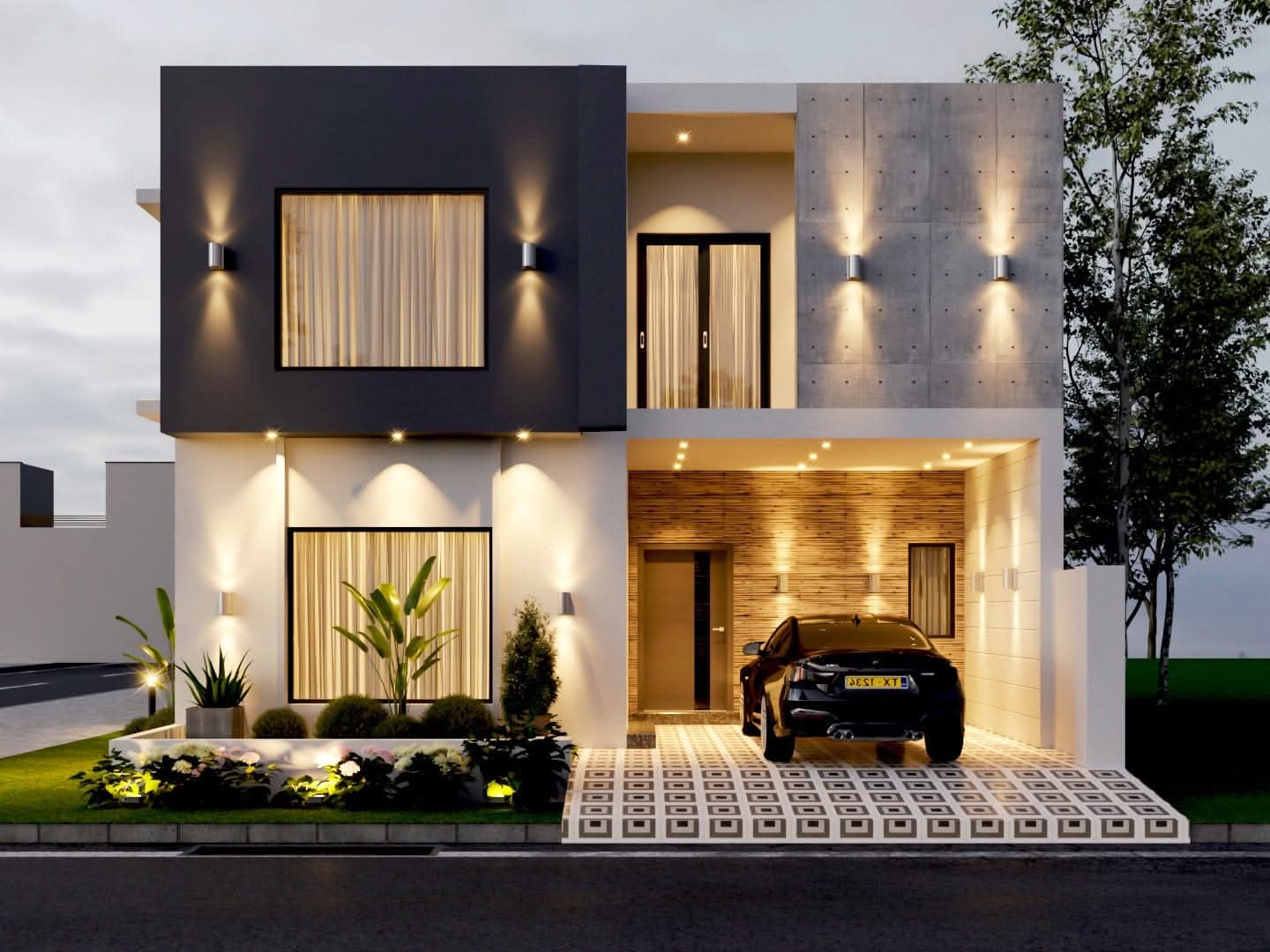 Compact modern house with a dark upper block, concrete panel and a lit entrance porch