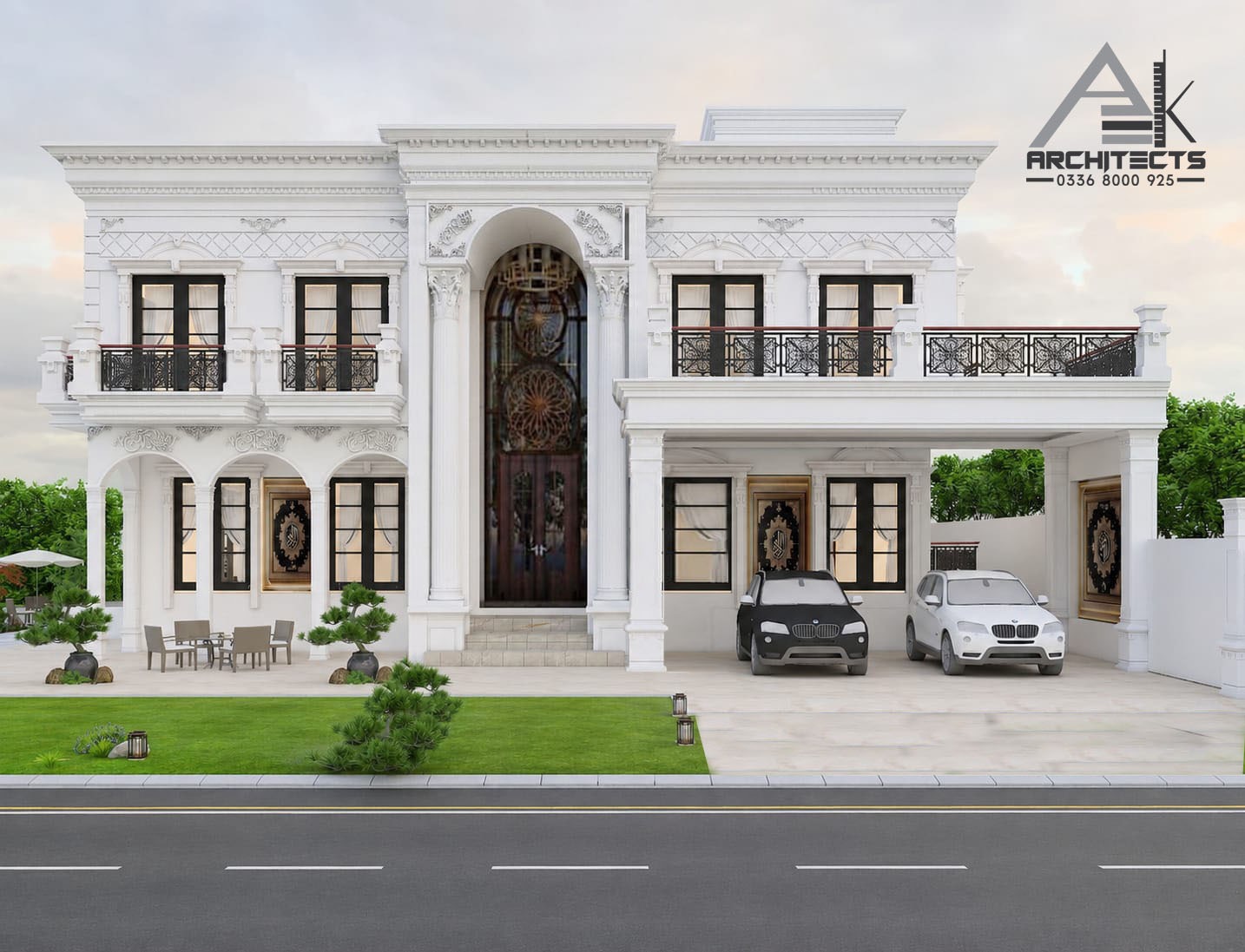 Front elevation of a white classical villa with arched entrance, columns and a covered car porch