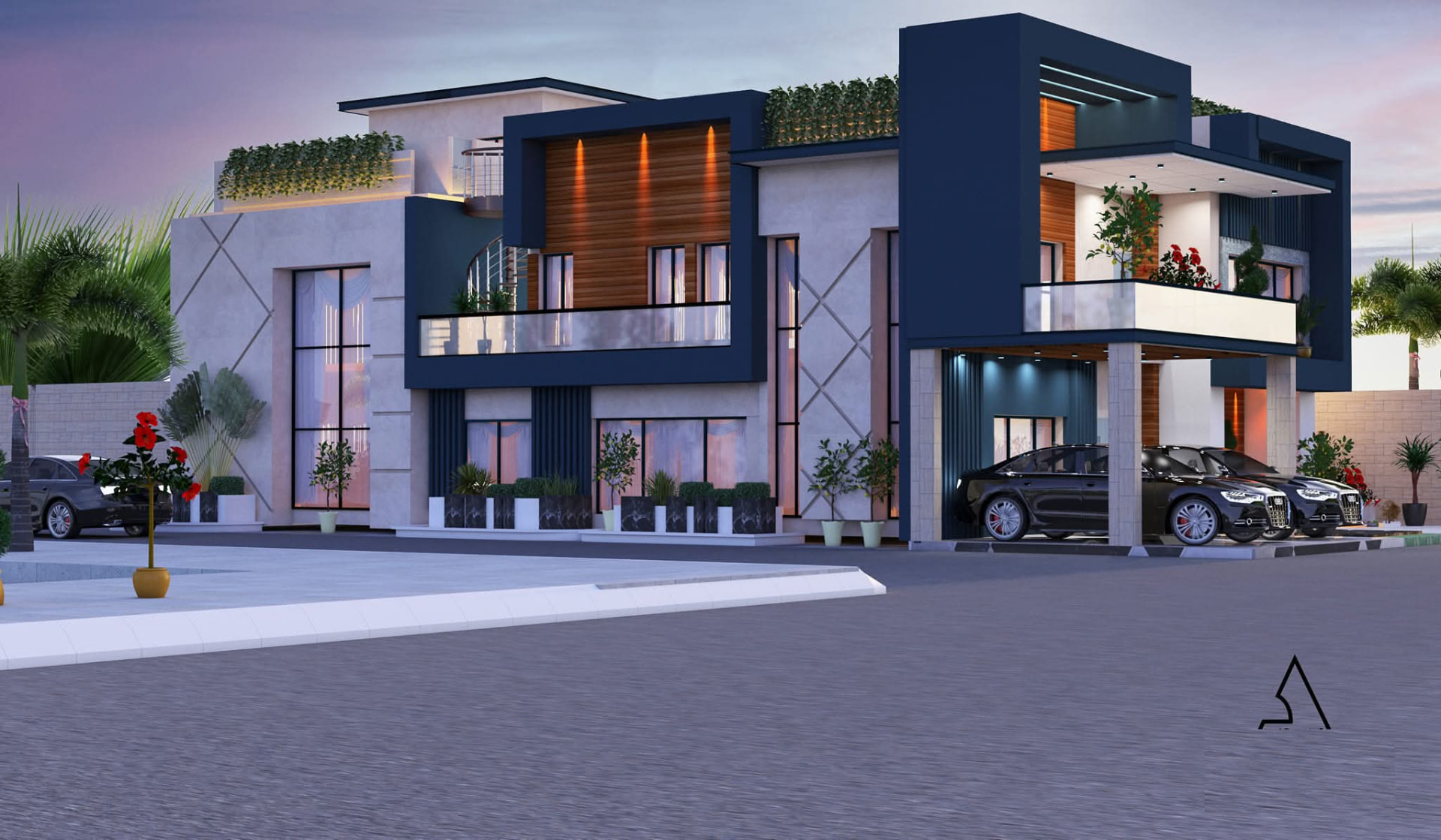 Street view of the navy and timber house showing the full frontage and planted roof edge