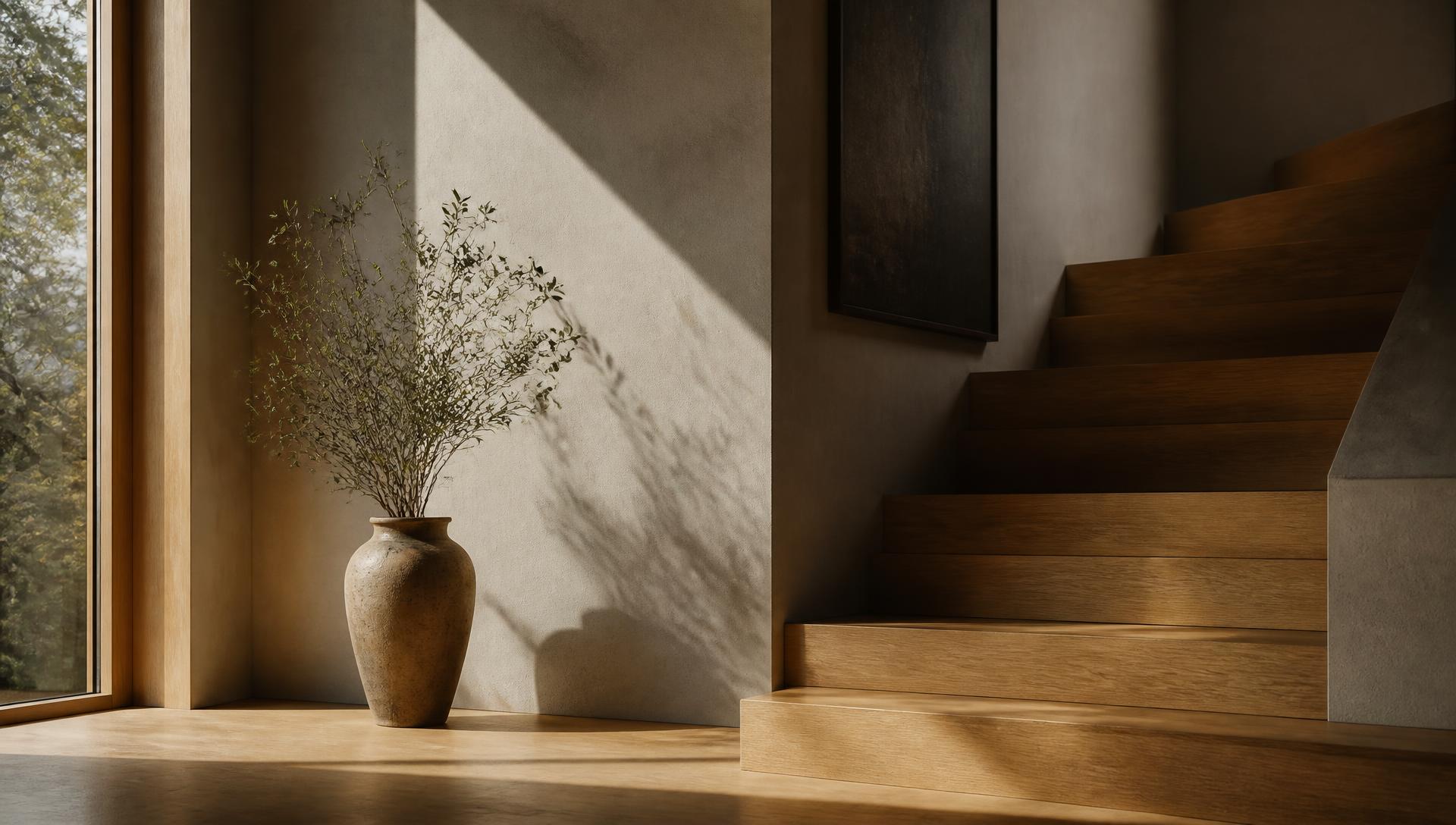 Daylight falling across a plaster wall beside an oak stair in a completed house