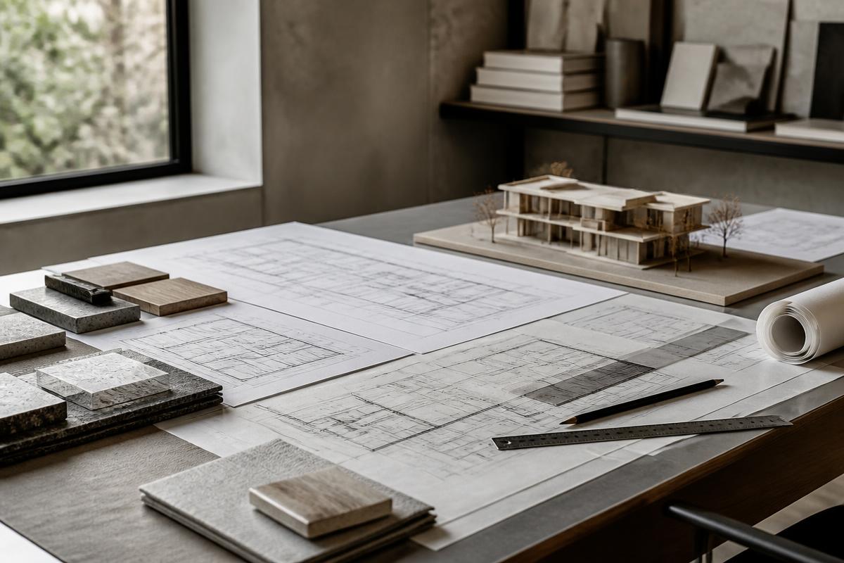 Architectural plans, material samples and a scale model arranged on a studio design desk