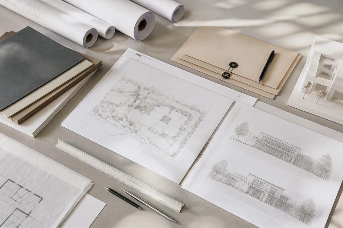 Architectural plans and submission documents arranged with drafting tools