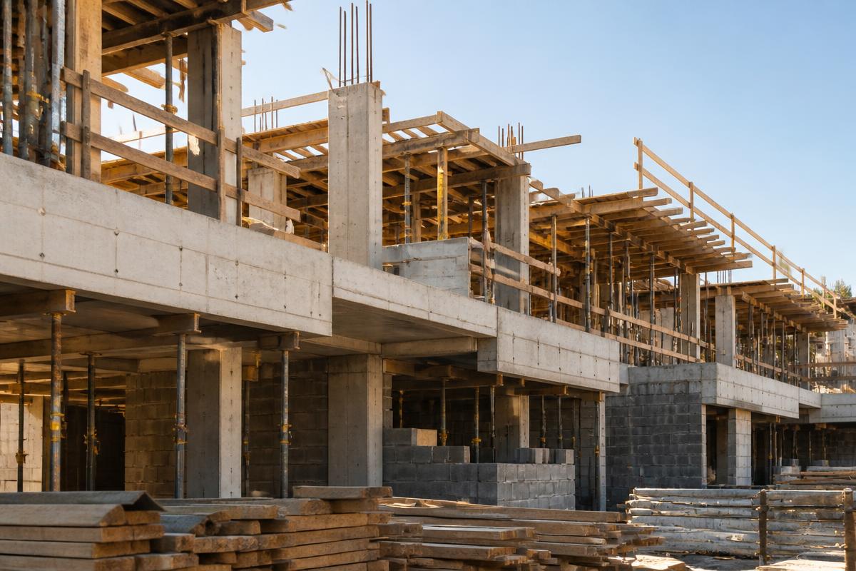 Concrete structure under construction with board-formed walls, timber formwork and scaffolding
