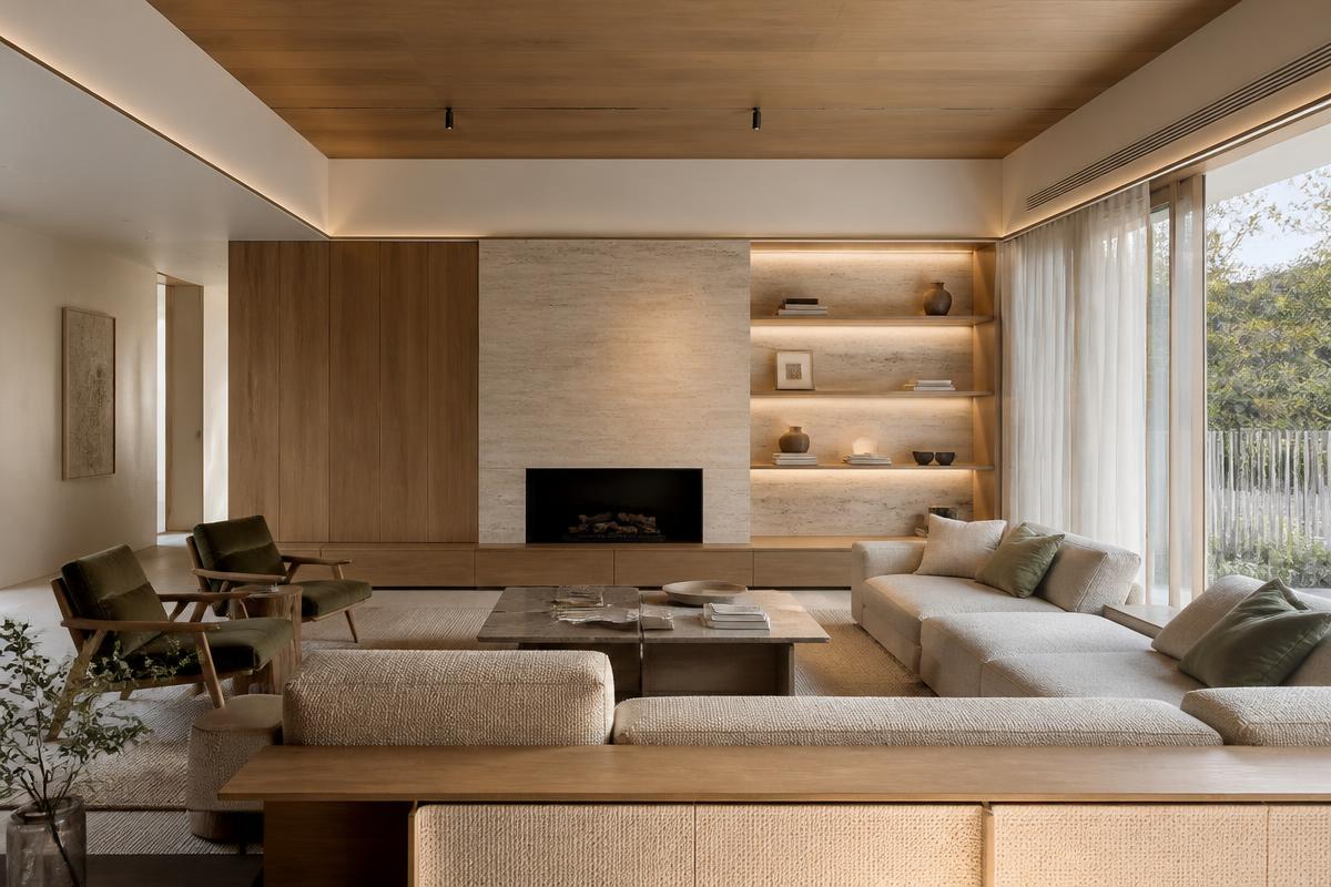 Warm residential lounge with layered ceiling lighting and full-height curtains