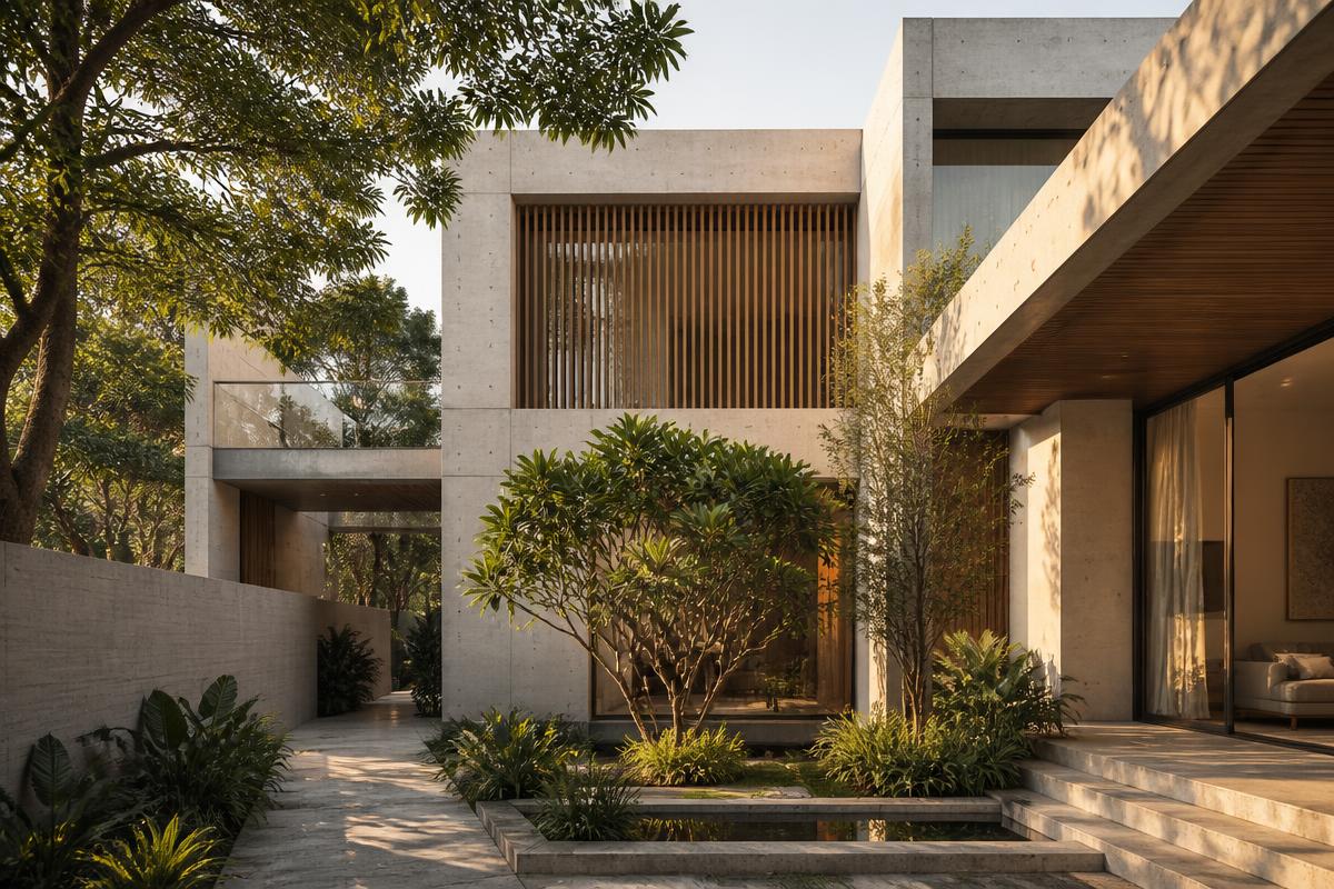 Contemporary brick and timber house at dusk with warm interior lighting and planted garden