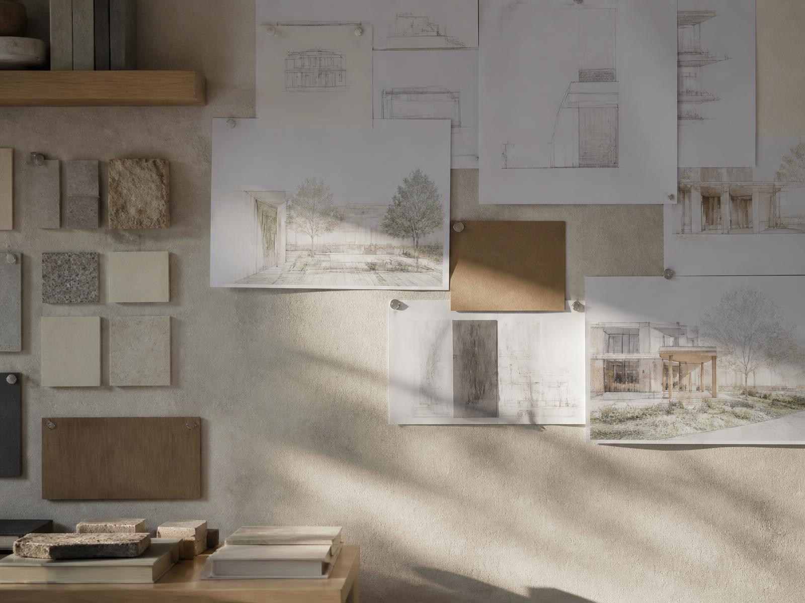 Architecture studio worktable with drawings, study models and two people reviewing plans